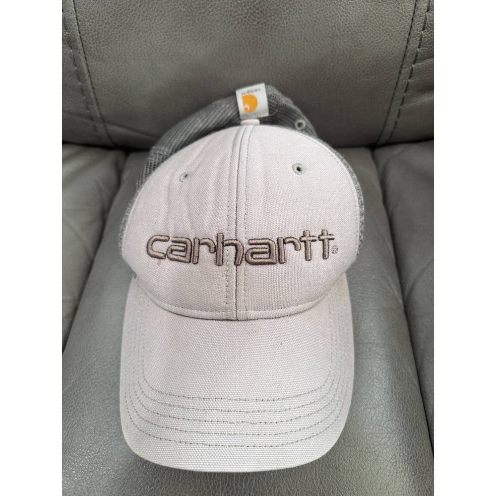 Carhartt Mens Tan Grey Mesh Back Trucker Hat Snapback Logo Cap 100141 OSFA